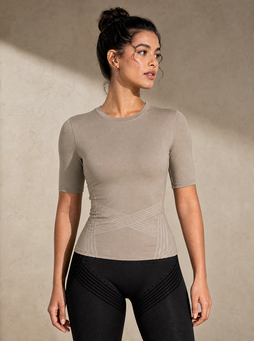 Contoura T-Shirt in Tan — front fit and drape